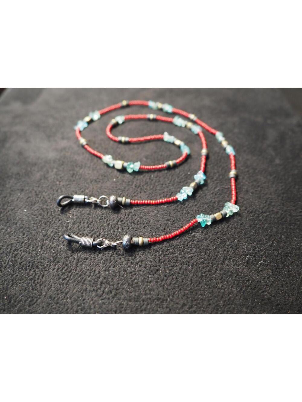 Handmade Red Seed Bead and Aqua Chip Eyeglass Chain